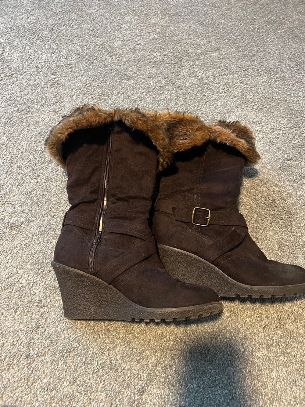 XOXO Dark Brown Suede Wedge Boots with Faux Fur Cuff